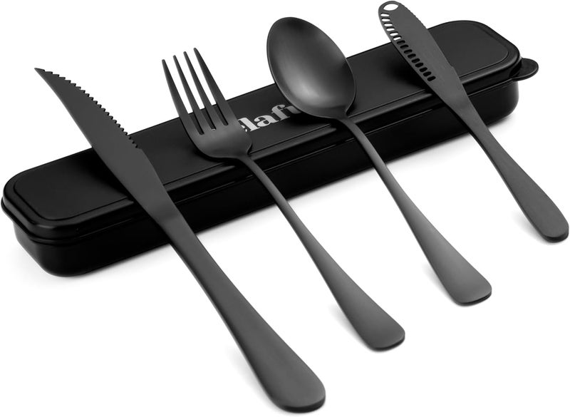 Selafun 5-pieces Travel Set with Case Portable Silverware Utensils Set for work, Stainless Steel Reusable Flatware Set Cutlery Set for Camping Picnic Hiking Office, (matte black, 5.9) - Image 1